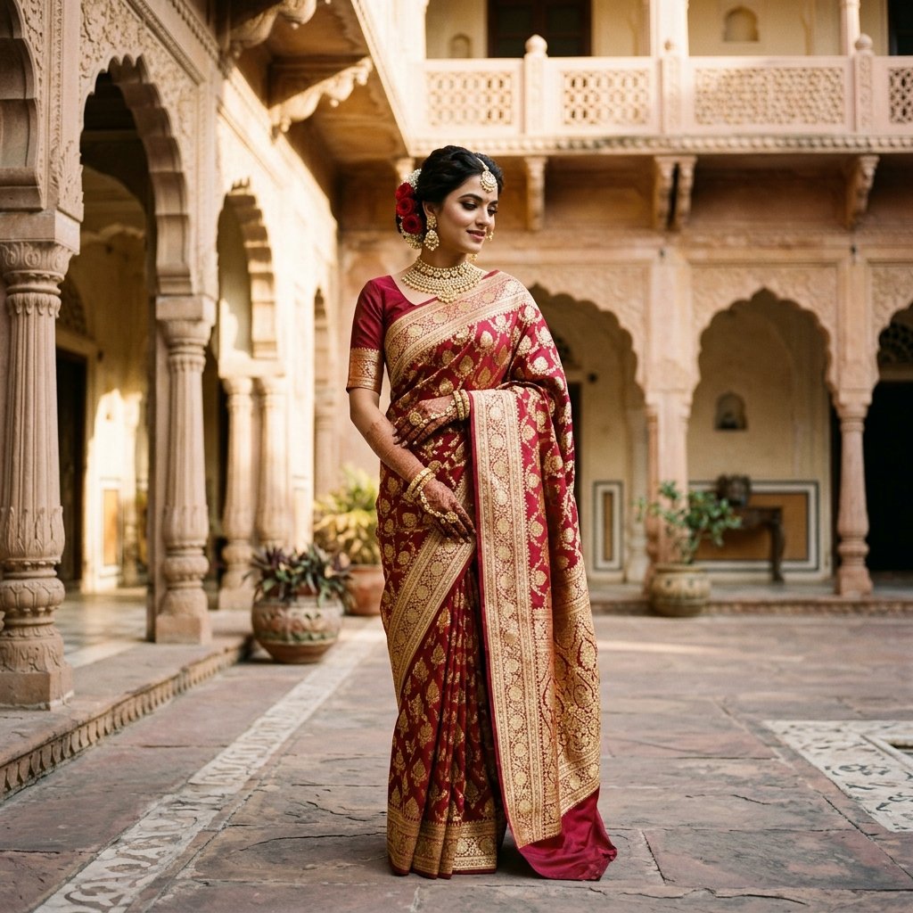 Crimson Maroon Bridal Zari Brocade Saree